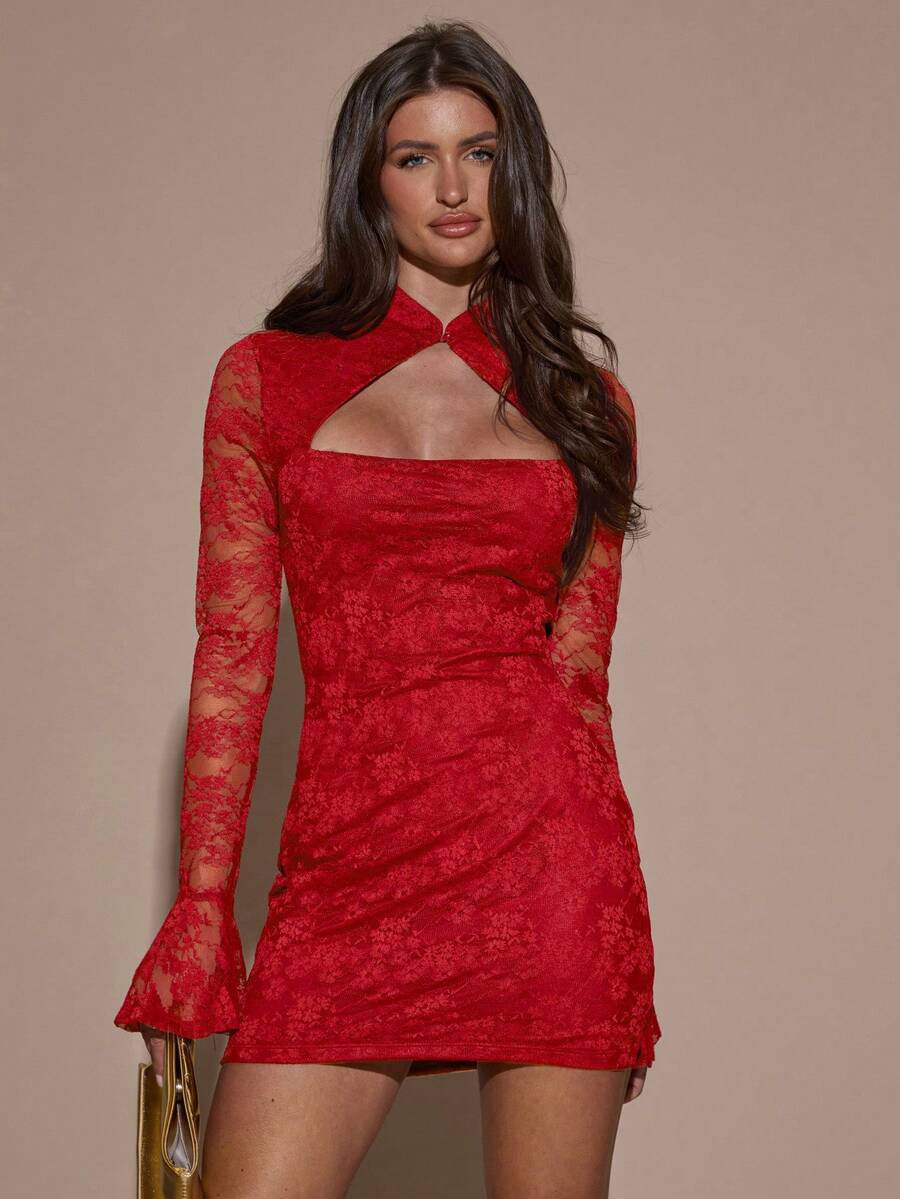 SHEIN BAE Vestido mini sexy y elegante de mujer con encaje calado - Rojo - Ver 1