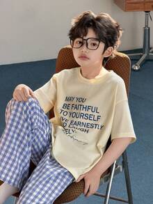 Dazy Kids Tween Boy Slogan Print Short Sleeve Top & Plaid Pants Pajama Set - Apricot - View 3