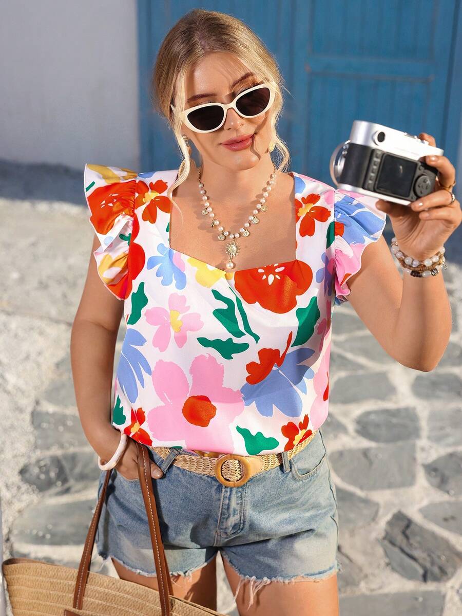 Vivid Eden 大码女式印花方领短袖衬衫，情人节款，适合春夏外出和度假穿着，夏季度假碎花上衣 - 彩色 - 查看 1