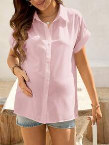 SHEIN Maternity Solid Color Short Sleeve Wide Hem Front Button Casual Blouse - Dusty Pink - View 4