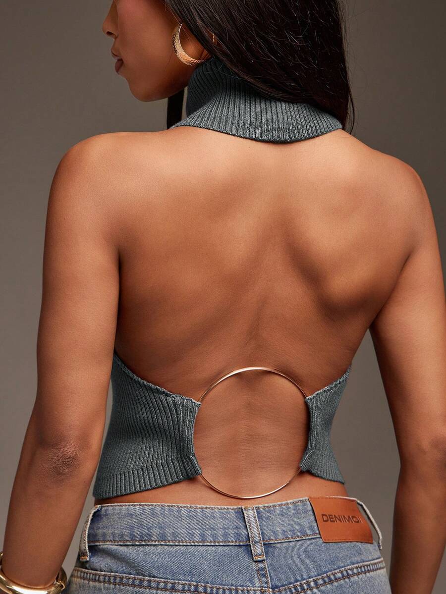 Denimoi High Neck Sleeveless O-Ring Sweater Halter Top, Sweater Top, Backless Top, Turtle Neck Sweater - Grey - View 1