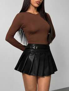 SHEIN PETITE Women's Autumn And Winter Chocolate Brown Solid Buckle Design Pleated PU Leather Skirt,Leather Pleated Skirt, Skater Skirt,Fall Outfits Women,Winter Clothes For Women,Halloween Clothes , Business Casual Woman,Old Money Style Women - Black - View 6