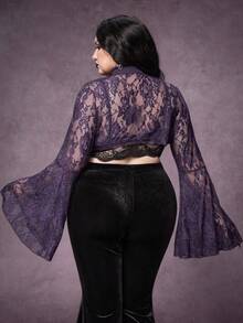 ROMWE Áo khoác cardigan ren Gothic cỡ lớn với tay áo loe, màu trắng. - Màu tím - Xem 3