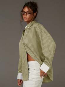 Athîral 女士时尚休闲条纹印花纽扣长袖衬衫 - 綠色 - 查看 5