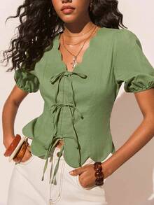 Poéselle 女士休闲绿色泡泡袖系带棉质外出上衣，优雅，适合海滩、度假，春夏绿色上衣 - 綠色 - 查看 3