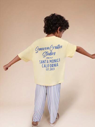 SUMWON Creative Studios Printed Relaxed Short Sleeve T-Shirt And Vertical Striped Casual Pants Co-Ord Set For Summer Vacation Outfits