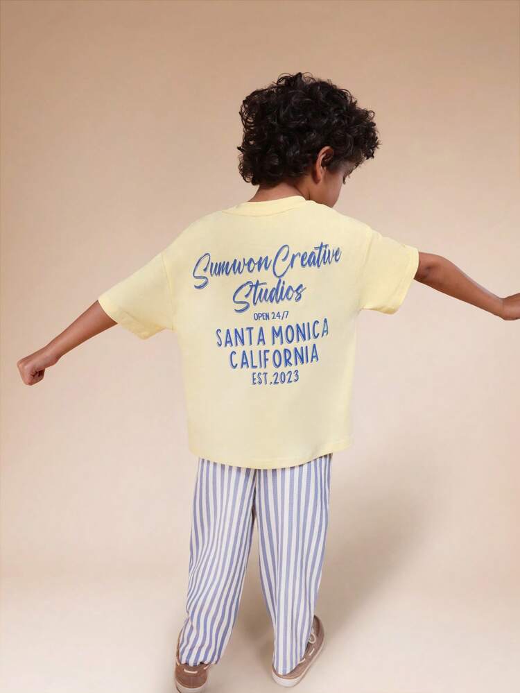 Printed T-Shirt And Striped Pants Set