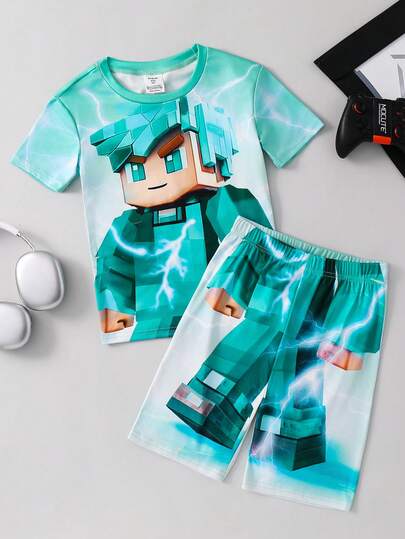 SHEIN 2pcs Kids/Tween Boys Casual Everyday Versatile Comfortable Printed Pattern Crew Neck Loose Pullover Short Sleeve Top And Shorts Knit Tight Fit Pajama Set