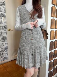 FRIFUL Women's Elegant V-Neck Pleated Hem Patchwork Mini Dress - Beige - View 7