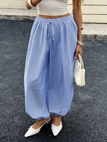 Siren Gaze 女士休闲舒适条纹哈伦裤，宽松版型，弹性裤脚，适合春夏季节穿着。蓝白条纹哈伦裤，抽绳腰带，时尚百搭。蓝色条纹女士宽松哈伦裤，完美应对夏季。蓝色条纹阔腿裤，女士阔腿夏季裤，可爱夏季裤装。 - 藍色 - 查看 3