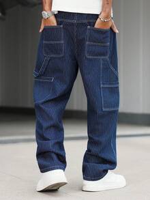 Manfinity Hypemode Men's Casual Street Style Embroidered Multi-Pocket Striped Blue Denim Jeans Mens Navy Blue Pinstripe Pants Baggy Cargo Jeans Men, Perfect Holiday Gift For Boyfriend & Husband