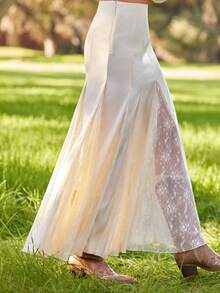 WESTFADE Chân váy maxi dáng chữ A xòe rộng, cạp chun phối ren. - trắng - Xem 4