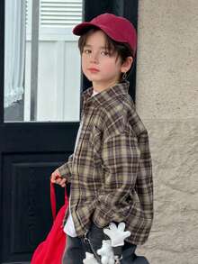 DAZY 男童格子落肩长袖单排扣休闲口袋衬衫（春季款） - 卡其色 - 查看 14