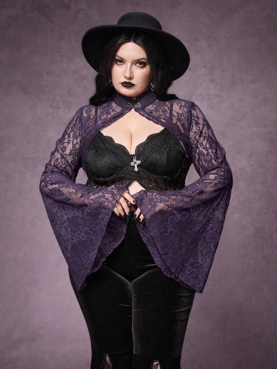 ROMWE Áo khoác cardigan ren Gothic cỡ lớn với tay áo loe, màu trắng. - Màu tím - Xem 1