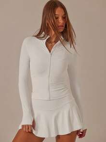 Aralina 休闲拉链长袖上衣和高腰骑行短裤两件套 - 白色 - 查看 8