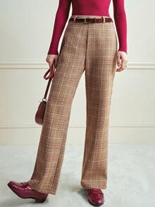 Franclia 法式复古时尚格纹羊毛西装套装，配腰带，休闲长裤，秋冬百搭裤，教师裤，直筒西装裤，秋季套装，女士冬季服装裤装 - 彩色 - 查看 1