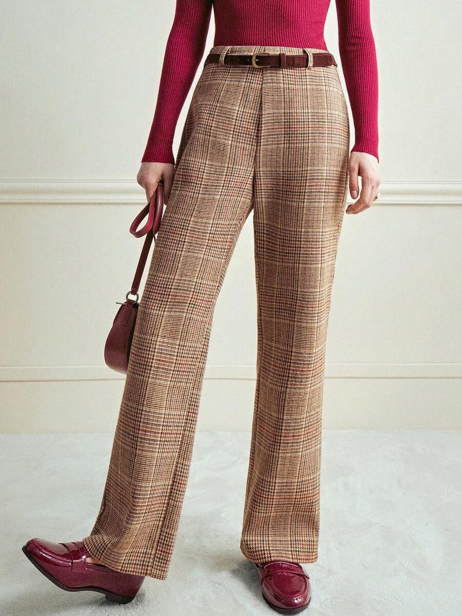 Franclia 法式复古时尚格纹羊毛西装套装，配腰带，休闲长裤，秋冬百搭裤，教师裤，直筒西装裤，秋季套装，女士冬季服装裤装 - 彩色 - 查看 1