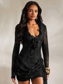 Opulessa 女士度假纯色针织蕾丝露背吊带修身迷你连衣裙 - 黑色 - 查看 1