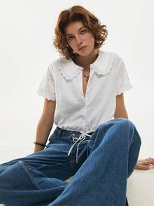 Poéselle Women's Cotton Mesh Embroidered Lace-Up Button Blouse,White Top,Cotton Shirt,Elegant Valentine, Vacation,Summer Tops,Spring/Summer Blouse Summer, White Cropped Blouse - White - View 4