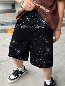 SHEIN Tween Boy Fashion Casual Y2k Vintage Cool Sparkling Letter Rhinestone Design Black Loose Denim Shorts Soft Dailywear And Fall And Autumn Or Winter Back To School Homecoming Rave Festival And Beach Streetwear School Rhinestone Shorts Sparkly Denim Shorts - Black - View 3