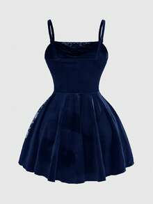 ROMWE Goth Dark Halloween Velvet Contrast Lace Slip Dress - Navy Blue - View 3