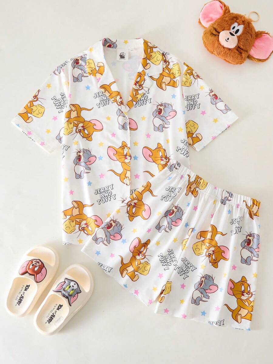 TOM & JERRY X SHEIN Tween Girl Cartoon Print Button Front Short Sleeve Top And Shorts Pajama Set - White - View 1
