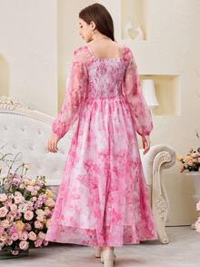 SHEIN Pitira 少女款梭织网眼印花泡泡袖连衣裙，方领 - 粉色 - 查看 2