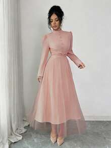 SHEIN Elenzya Damen Midi-Kleid mit Stehkragen, Langarm, Knopfverzierung, Taillentwist, Rüschen, Mesh-Einsätzen und elegantem Taillenbund für Partys Einfarbig - Pink - Übersicht 7