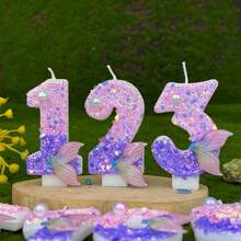 1支紫色闪光美人鱼尾巴数字生日蜡烛，7.5厘米/2.95英寸粉色仿珍珠美人鱼尾巴生日蜡烛，生日快乐蜡烛，蛋糕装饰，美人鱼主题生日蛋糕装饰，周年纪念派对装饰 - 紫色 - 查看 4