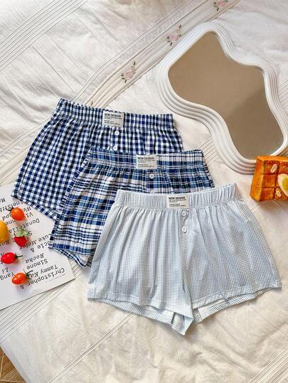 Dream Adore 3pcs Women's Skin-Friendly Plaid Loose Pajama Pants Set For Home Plaid Pajama Shorts Sleep Shorts Gingham Shorts Checkered Shorts Plaid Boxers