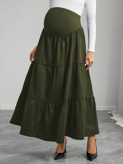 Momance Maternity Solid Color Pleated Ruffle Hem A-Line Skirt
