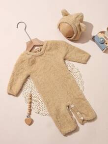 SHEIN 2Pcs Set Khaki Newborn Baby Jumpsuit Knitting Animal Style Ears Photography Outfits - Khaki - View 6