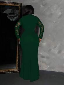 Maweii 大码女式黑色蕾丝性感镂空绷带休闲时尚年轻弹力针织百搭叠穿连衣裙，性感正式派对鸡尾酒会礼服，性感连体裤，优雅正式长裙 - 墨綠色 - 查看 5