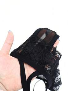 DrisQ 时尚黑色镂空网眼性感蕾丝边腰部丁字裤男士 - 黑色 - 查看 6