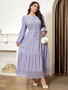 大码女式圆领灯笼袖纽扣设计蕾丝下摆优雅连衣裙 - 紫色 - 查看 5
