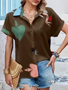 SHEIN LUNE Women's Contrast Color Random Print Short Sleeve Shirt - Multicolor - View 4