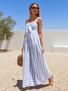 Vivid Eden 女士休闲条纹系带连体裤 - 藍色 - 查看 4