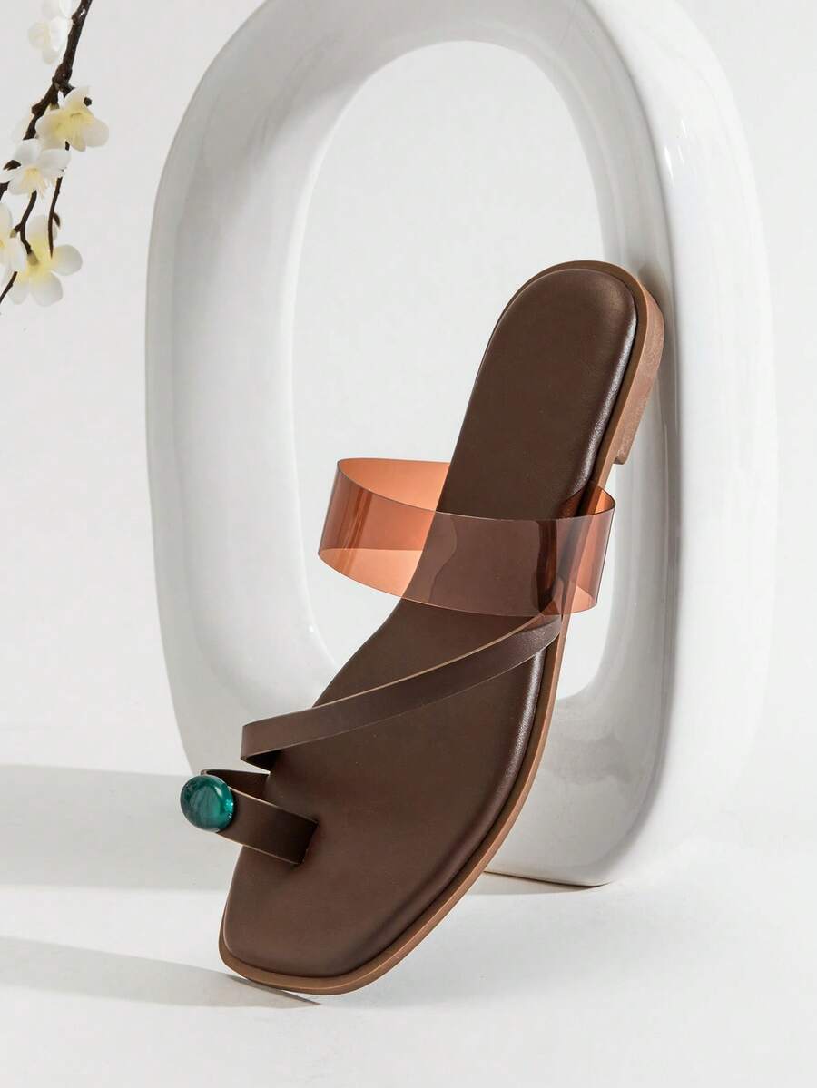 SHUZIA Damskie sandały na płaskim obcasie z kwadratowym noskiem i ozdobnym kamieniem szlachetnym - Kawowy brązowy - Zobacz 1