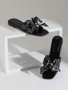 SHUZIA Women's Elegant Ribbon Decoration Slip On Flat Sandals - Black - View 3