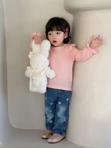SHEIN 0-3 Jahre Baby Mädchen Frühling/Herbst süßer rosa Rundhals Langarm-Top mit Herz-Stickerei und Jeans-Hose Set, geeignet für Ausflüge, Lässig Bekleidung und Eltern-Kind-Partys - Verschiedenfarbig - Übersicht 9