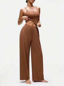 SHAPORA 女士纯色露脐吊带背心和裤子睡衣套装 - 棕色 - 查看 4