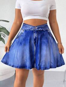 Elenzga 大码女装时尚休闲浅蓝色牛仔印花高腰显瘦短裙，适合运动、户外跑步和日常休闲穿着 - 藏蓝色 - 查看 5