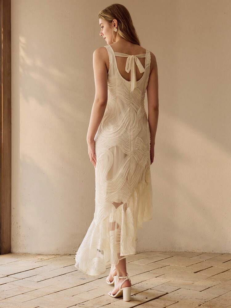 ELEGANT ROMANTIC ASYMMETRICAL RUFFLE HEM DRESS, TIE BACKLESS CINCHED WAIST DRESS FOR WOMEN