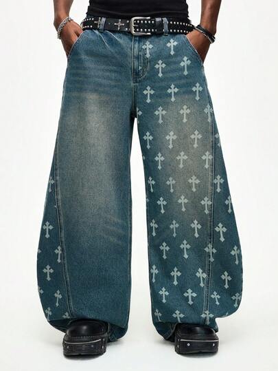 Street Life جينز كاجوال فضفاض مع جيب بنمط الصليب وحافة منحنية