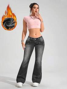 SHEIN PETITE 女式低腰喇叭裤保暖内衬休闲牛仔裤