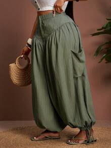 Veslaya Quần ống rộng xếp ly xẻ tà màu trơn dành cho nữ cỡ lớn, có dây rút ở gấu quần, đa năng cho mùa hè/Giáng sinh/Năm mới/Lễ Tạ ơn/Đi biển/Diện mạo thanh lịch/Diện mạo dự tiệc/Đi làm/Hàng ngày/Công sở. - xanh quân đội - Xem 7
