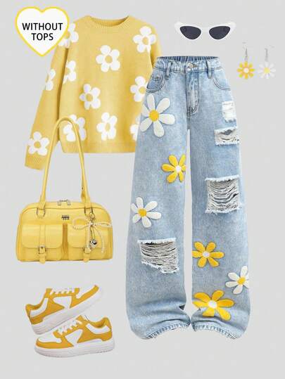 SHEIN Girlism Teen Girl Y2K Light Washed Cute Floral Embroidered Pattern Denim Straight Leg Jeans, New Year ,Christmas , New Year's Eve, Streetwear Vintage, Comfortable And Versatile, For 13-16 Years Old Girls, Suitable For School, Home And Travel, Patched Pocket Baggy Casual Versatile Denim Pants, Thanksgiving For Girl