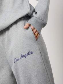 SURIMA 2pcs  Grey Women Oversized V-Neck Fluffy Fleece Elastic Loose Sweatshirt And Sweatpants Set, Autumn/Winter - Light Grey - View 4