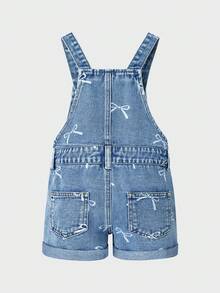SHEIN Young Girl Bow Print Denim Bib Pants, Suitable For Easter, Spring Festivals, Children's Day, Back To School Season - Medium Wash - View 2