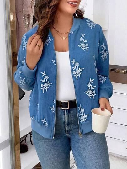 EMERY ROSE Plus Size Denim Effect-Look Long Sleeve Jacket